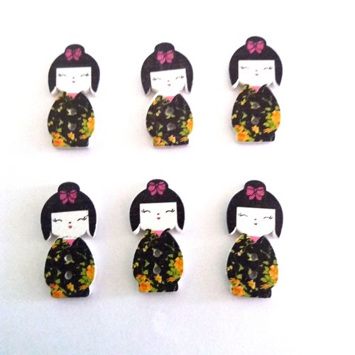 6 boutons en bois poupée geisha - noir et jaune - 15x30mm - f2