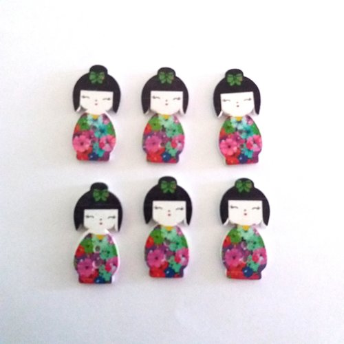 6 boutons en bois poupée geisha - multicolore - 15x30mm - f2