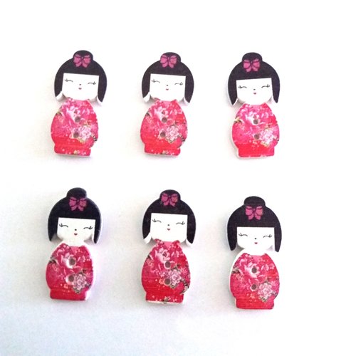 6 boutons en bois poupée geisha - fuchsia - 15x30mm - f2