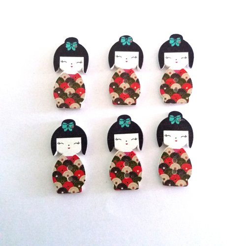 6 boutons en bois poupée geisha - rouge vert et beige - 15x30mm - f2