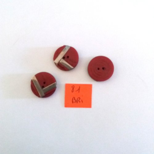 3 boutons en résine rouge foncé et argenté - ancien - 18mm - bri81