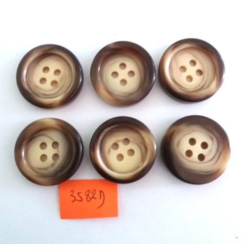 6 boutons en résine marron et beige - vintage - 27mm - 3582d