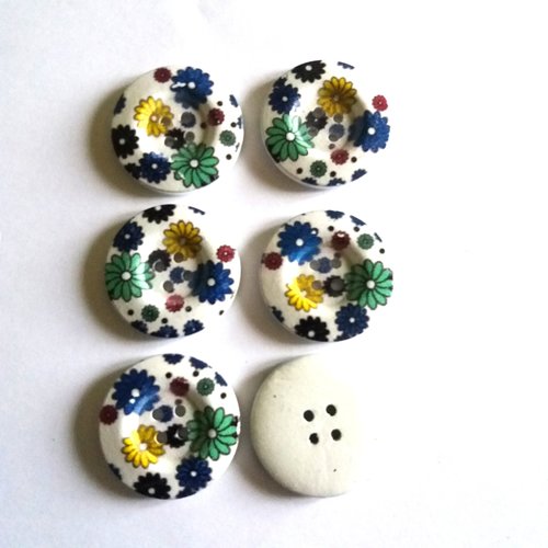6 boutons fantaisies en bois fond blanc et feuilles multicolore  - 30mm - 11