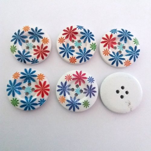 6 boutons fantaisies en bois fond blanc fleur bleu rouge jaune vert - 30mm - 15