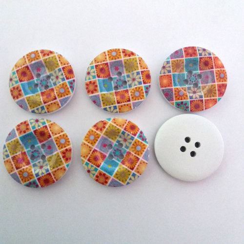 6 boutons fantaisies en bois multicolore - 30mm - 11