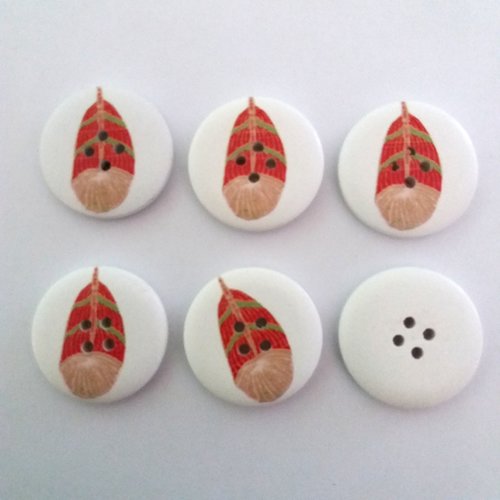 6 boutons fantaisies en bois fond blanc et plume rouge - 30mm - 1