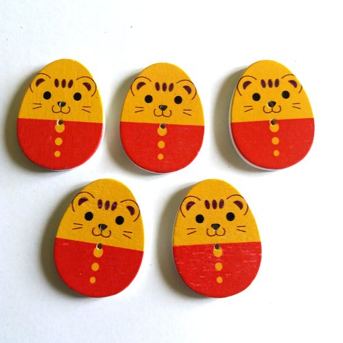5 boutons fantaisies en forme d'oeuf en bois - rouge et moutarde - 22x30mm - f1