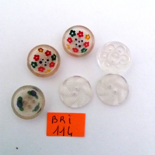 6 boutons en résine multcolore et transparent - ancien - 17mm et 18mm - bri114