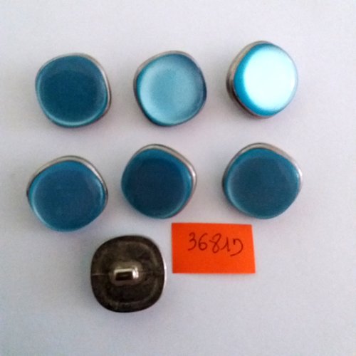 7 boutons en résine argenté et bleu - vintage-21mm - 3681d