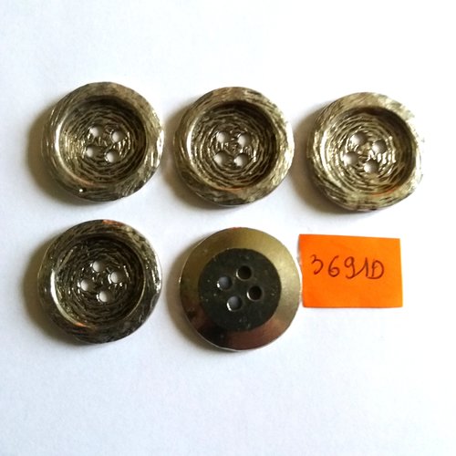 5 boutons en métal argenté - vintage -26mm - 3691d