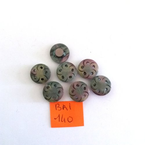 7 boutons en résine gris et vert - ancien - 14mm - bri140