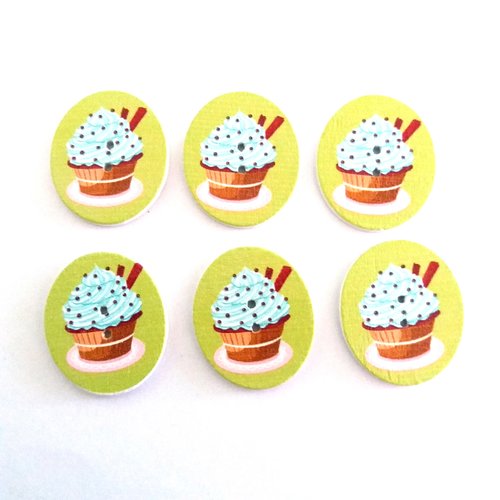 6 boutons fantaisies en bois cupcake fond vert pomme et bleu clair - 26x30mm - 10
