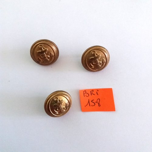 3 boutons en métal doré une ancre - ancien - 16mm - bri158