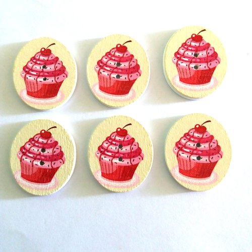 6 boutons fantaisies en bois cupcake fond beige rose et rouge - 26x30mm - 10