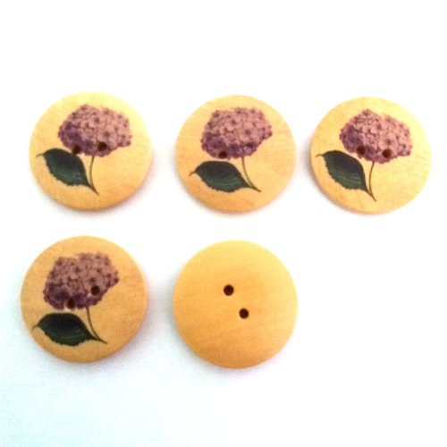 5 boutons fantaisies en bois fond beige fleur mauve - 30mm - 14