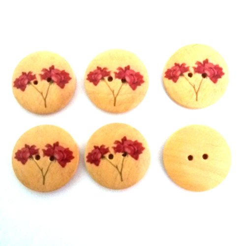 6 boutons fantaisies en bois fond beige fleur rouge - 30mm - 14