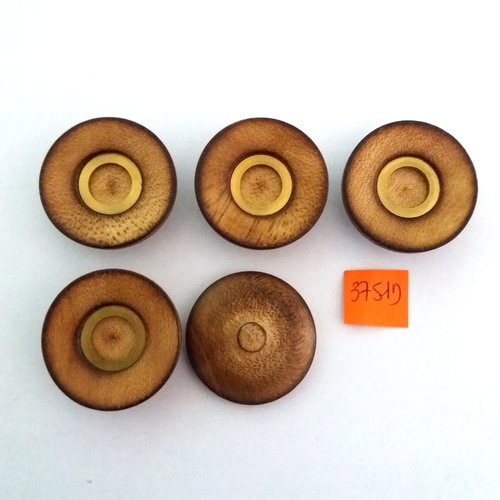 5 boutons en bois marron et métal doré - vintage - 34mm - 3751d