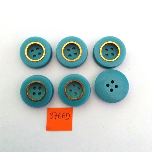 6 boutons en résine bleu canard avec un liserai doré - vintage - 23mm - 3766d