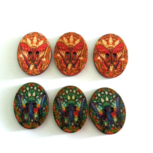 6 boutons fantaisies en bois papillon multicolore - 22x28mm - f7