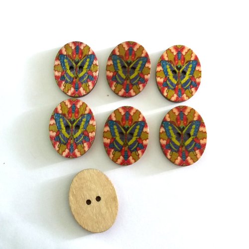 7 boutons fantaisies en bois papillon multicolore - 22x28mm  - f7