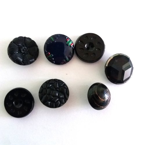 7 boutons en verre noir doré et argenté - ancien - entre 15mm et 18mm  - 634mp