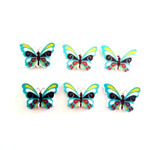 6 boutons fantaisies papillon en bois bleu blanc jaune et noir - 17x24mm - f5