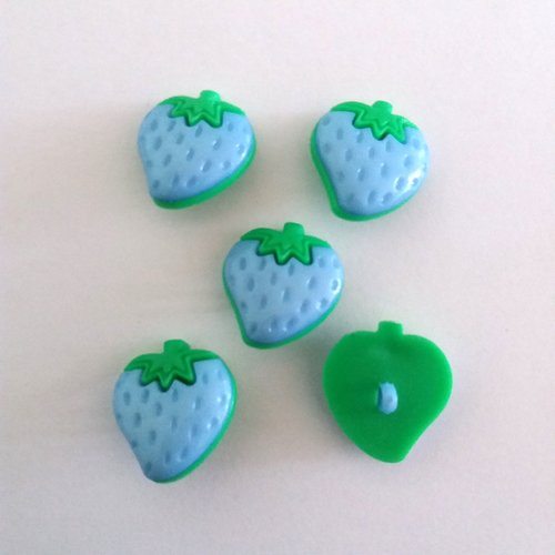 5 boutons fantaisies fraise en résine bleu et vert  - 23x25mm - f2