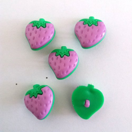 5 boutons fantaisies fraise en résine mauve et vert  - 23x25mm - f2