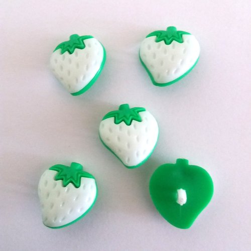 5 boutons fantaisies fraise en résine blanc et vert  - 23x25mm - f2
