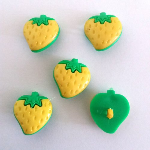 5 boutons fantaisies fraise en résine jaune et vert  - 23x25mm - f2