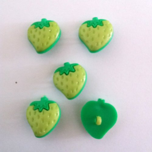 5 boutons fantaisies fraise en résine jaune/vert et vert  - 23x25mm - f2