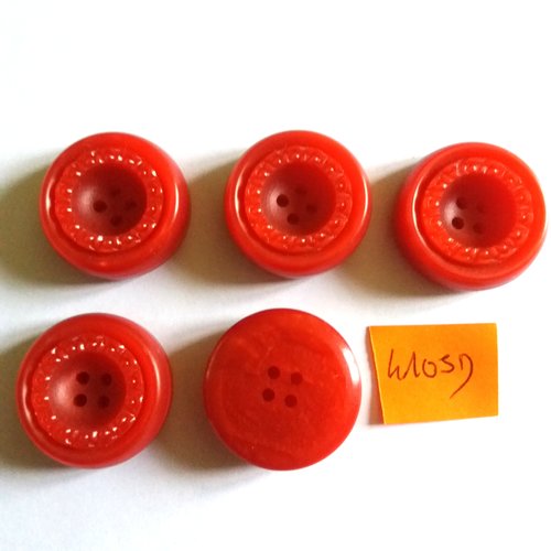 5 boutons en résine rouge - vintage - 26mm - 4105d