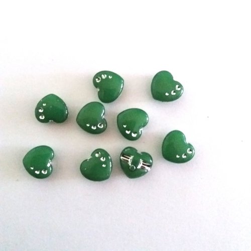 10 boutons coeur en résine vert et argenté - 13mm - 19
