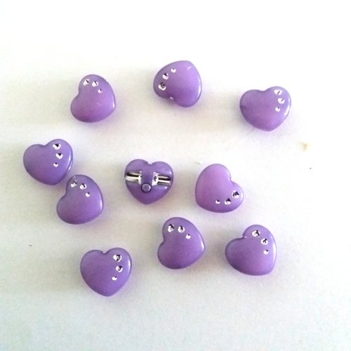 10 boutons coeur en résine violet et argenté - 13mm - 19
