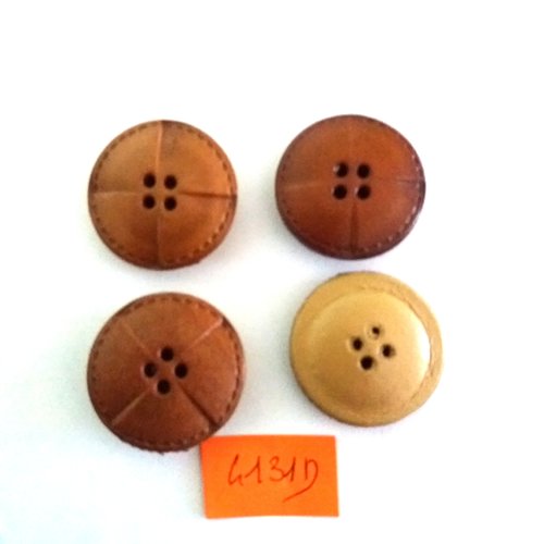 4 boutons en cuir marron et beige - vintage - 28mm - 4131d
