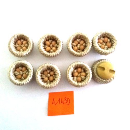 8 boutons en résine et passementerie beige + perles - vintage - 20mm - 4143d