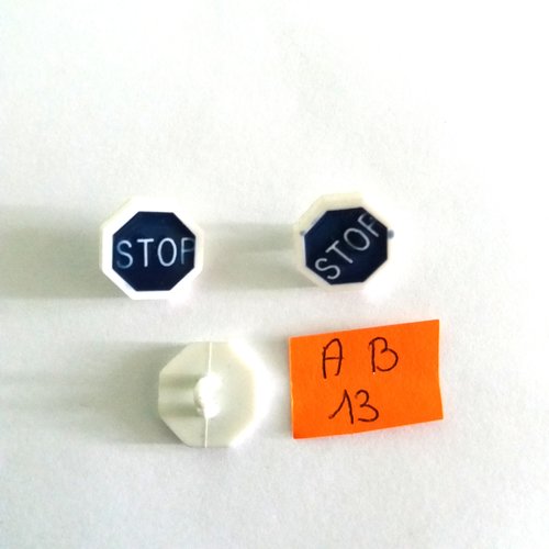 3 boutons en résine blanc et bleu (stop) - 14mm - ab13