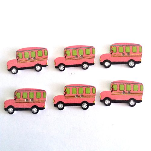 6 boutons fantaisies en bois un bus rose et vert - 30x18mm - f10