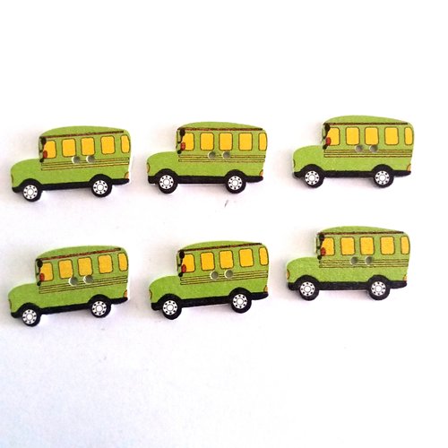 6 boutons fantaisies en bois un bus vert et jaune - 30x18mm - f10