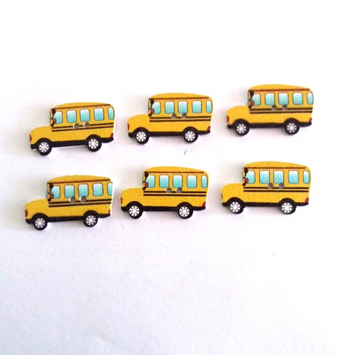 6 boutons fantaisies en bois un bus jaune et bleu - 30x18mm - f10