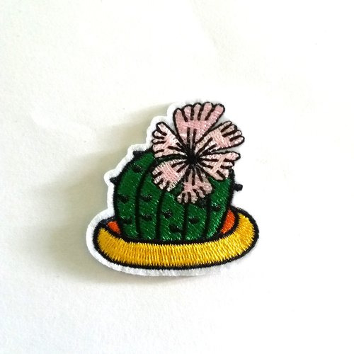 Thermocollant cactus à fleur - vert et rose - 57x50mm - écusson à coudre - 61