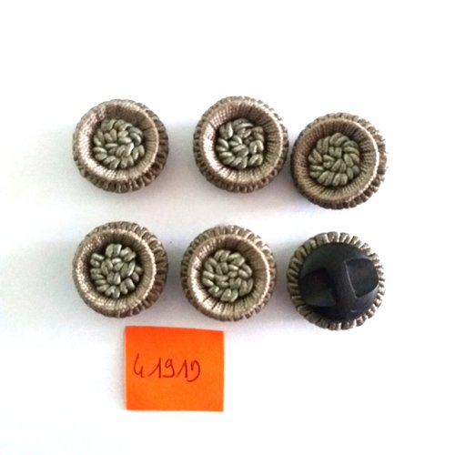 6 boutons en résine et passementerie marron et gris - vintage - 20mm - 4191d