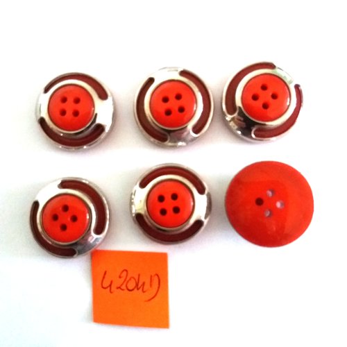 6 boutons en résine argenté et rouge - vintage - 19mm - 4204d