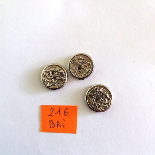 3 boutons en métal argenté - 15mm - bri216