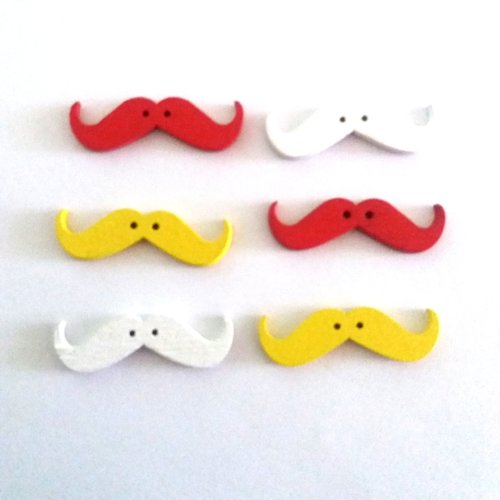 6 boutons fantaisie en bois - moustache rouge jaune et blanc - 11x35mm - f7