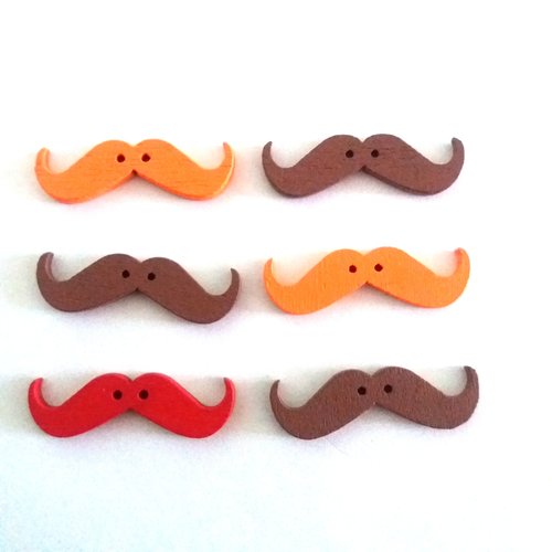 6 boutons fantaisie en bois - moustache rouge orange et marron - 11x35mm - f7