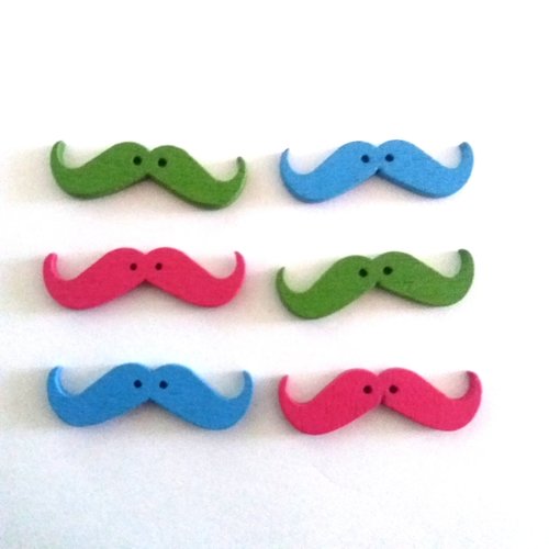 6 boutons fantaisie en bois - moustache fuchsia bleu et vert - 11x35mm - f7