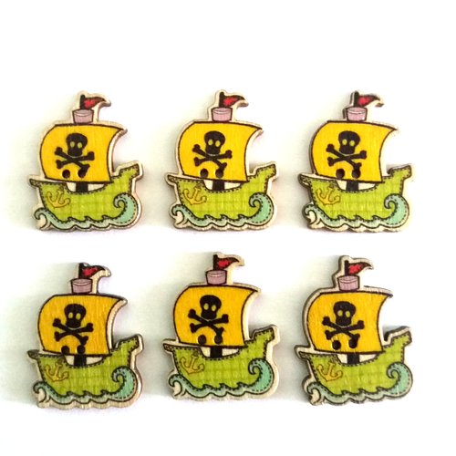 6 boutons fantaisies en bois - bateau de pirate avec tete de mort - jaune et vert - 25x32mm - f5