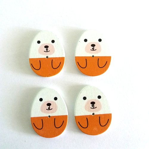 4 boutons fantaisie un oeuf (ours) en bois - blanc et marron clair - 23x30mm - f1