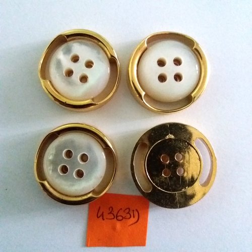 4 boutons en résine blanc nacré et doré - vintage - 26mm - 4363d
